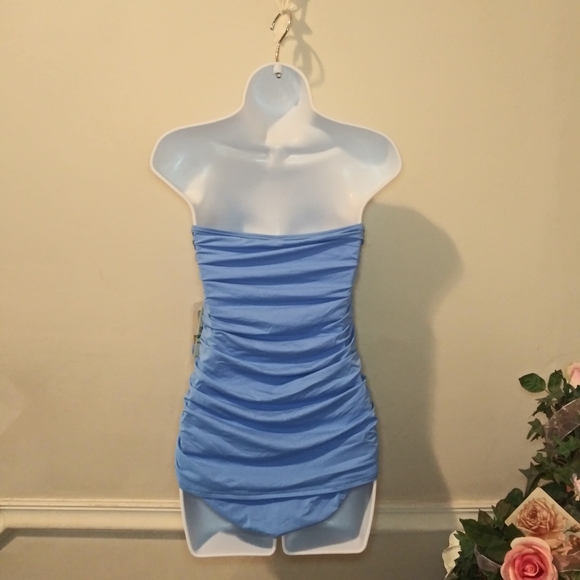 Tommy Bahama Pearl Solids Blue Shirred Twist Front Bandeau One Piece Swimsuit - Picture 9 of 16